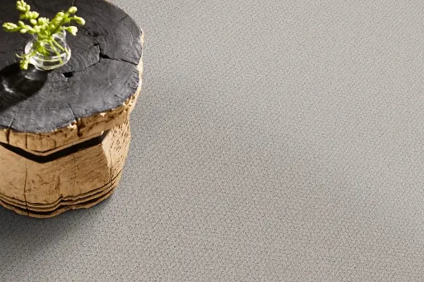 Modern gray carpet flooring with wood accent table